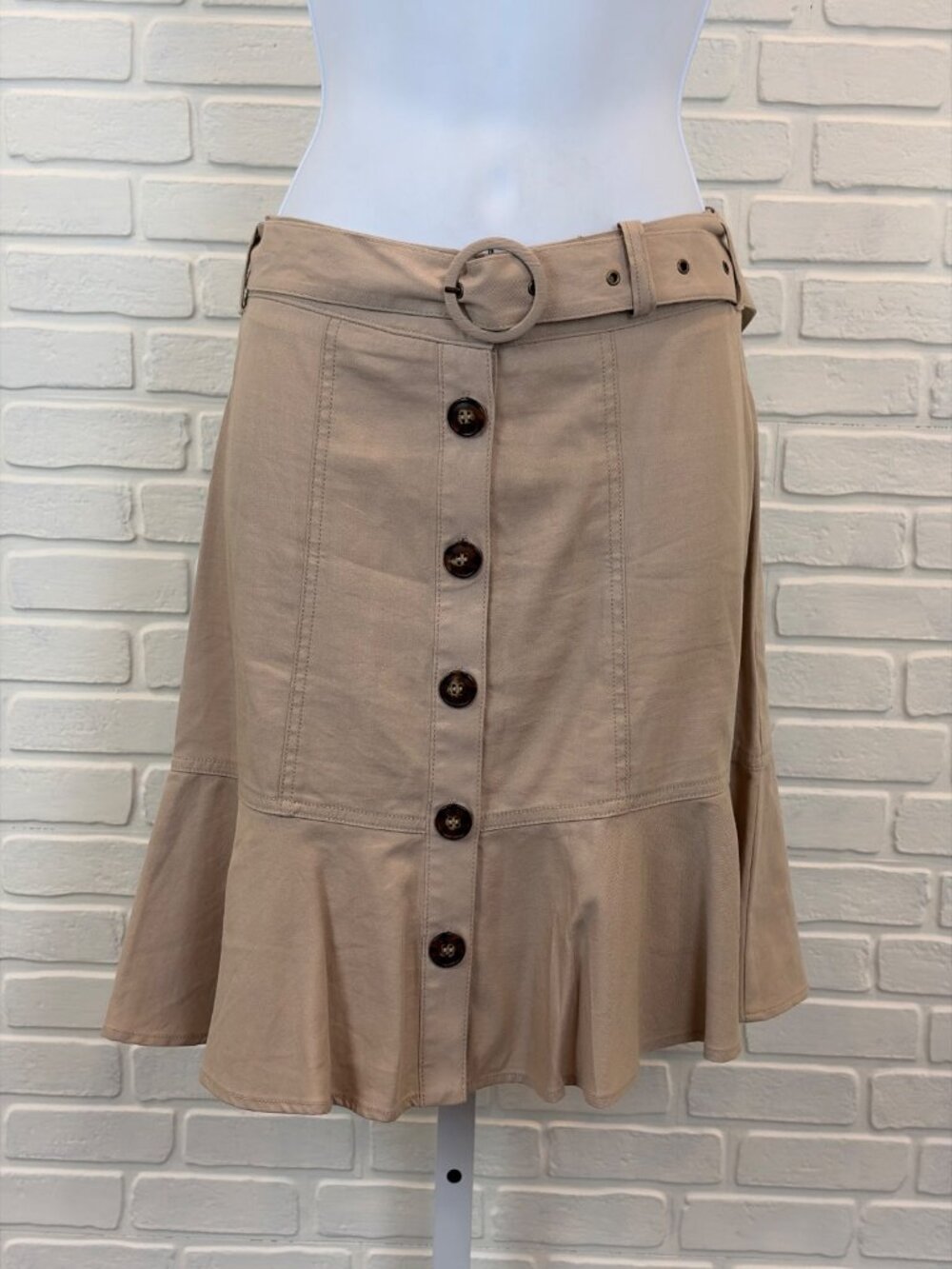 Nine West Belted Button-Front Flounce Skirt Khaki Small
